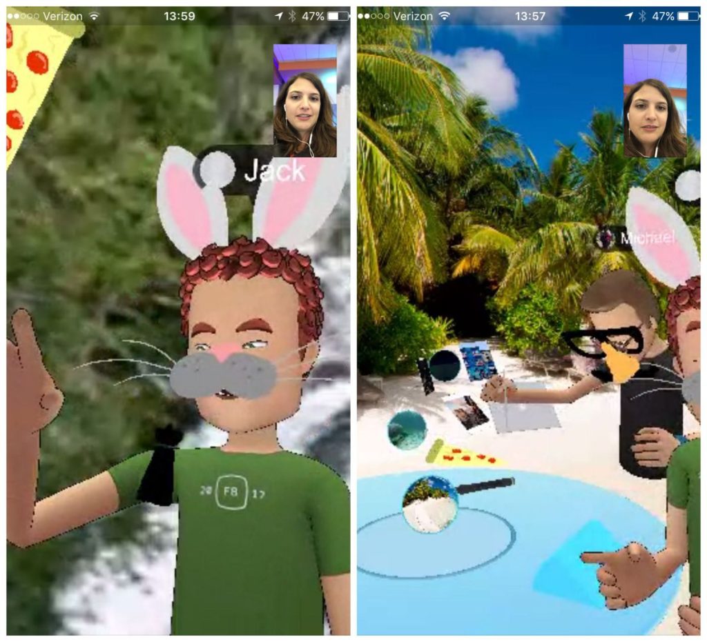 A screenshot of a Messenger call in Facebook Spaces with my colleague Jack Morse.