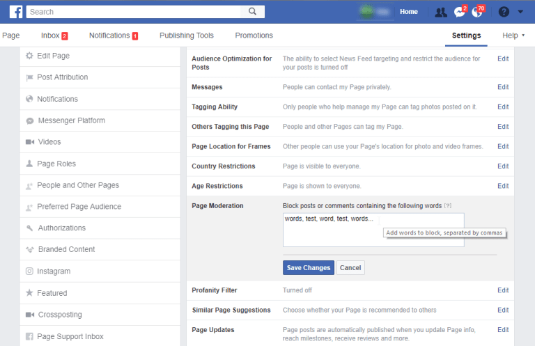 disable comments on facebook page